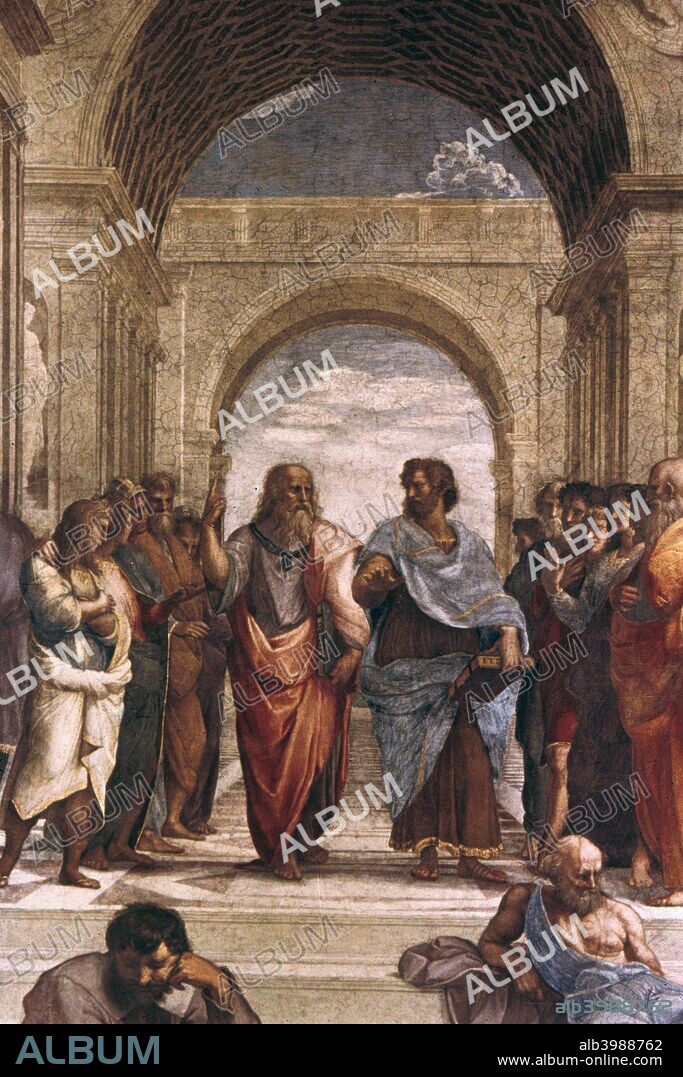 'The School of Athens, detail of Plato & Aristotle', 1508-1511. The School of Athens was painted by Raphael Sanzio for Pope Julius II (1503-1513).