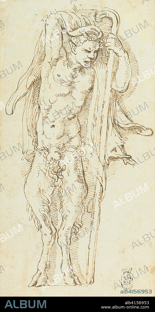 Giulio Romano (Roma, 1499 (?) - Mantua, 1546). Un sátiro (hacia 1527 - 1530). Lápiz y tinta marrón sobre papel. 219 x 114 mm.