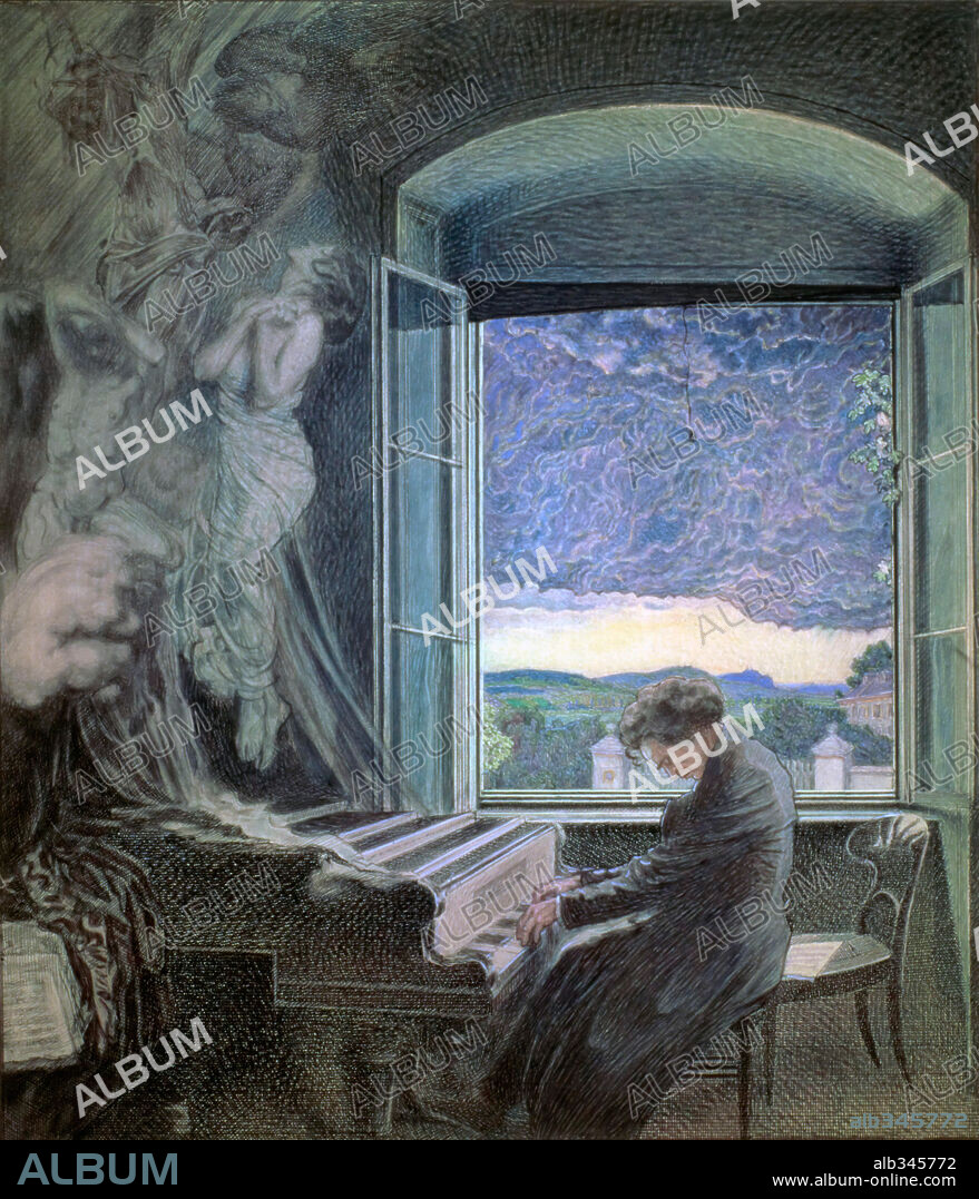 SIGMUND WALTER HAMPEL. Allegory of genius of Ludwig Van Beethoven, german composer and pianist. Playing piano in his house in Viena. Pastel.