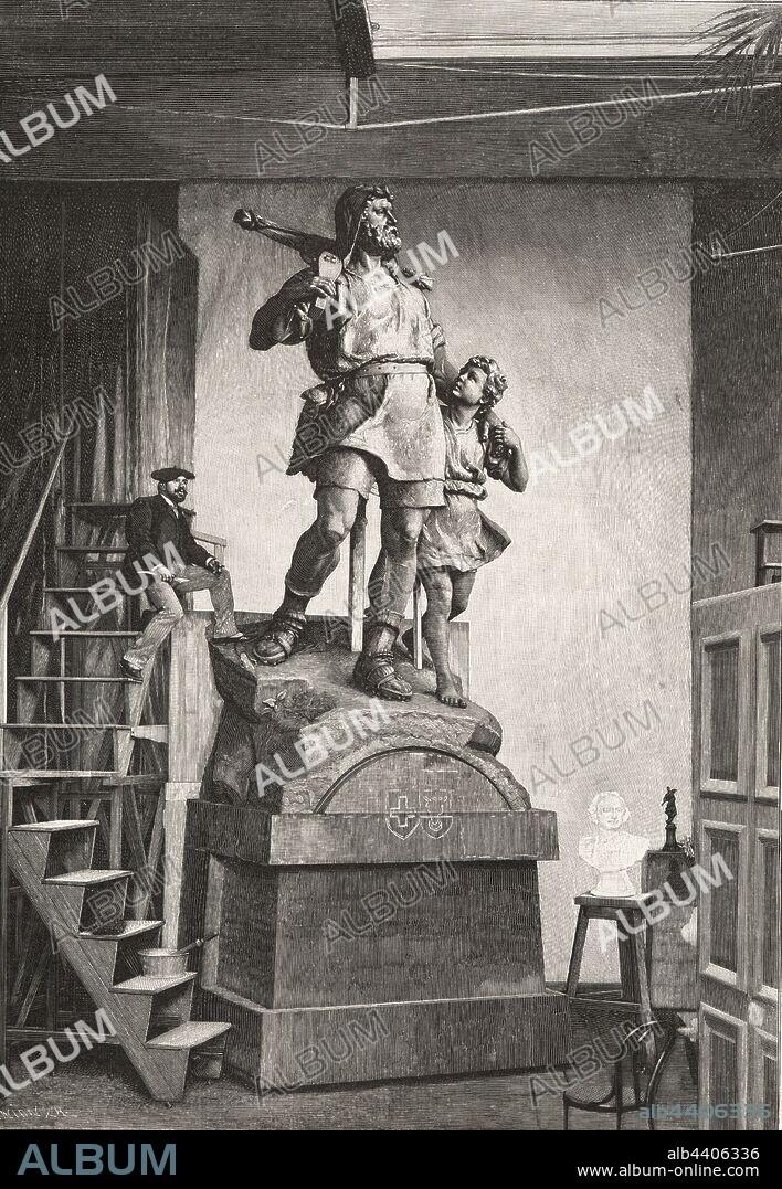 Suiza. Estatua de Guillermo Tell (siglo XIV), héroe mítico de la independencia suiza, modelada por el escultor R. Kissling. Grabado de 1894.