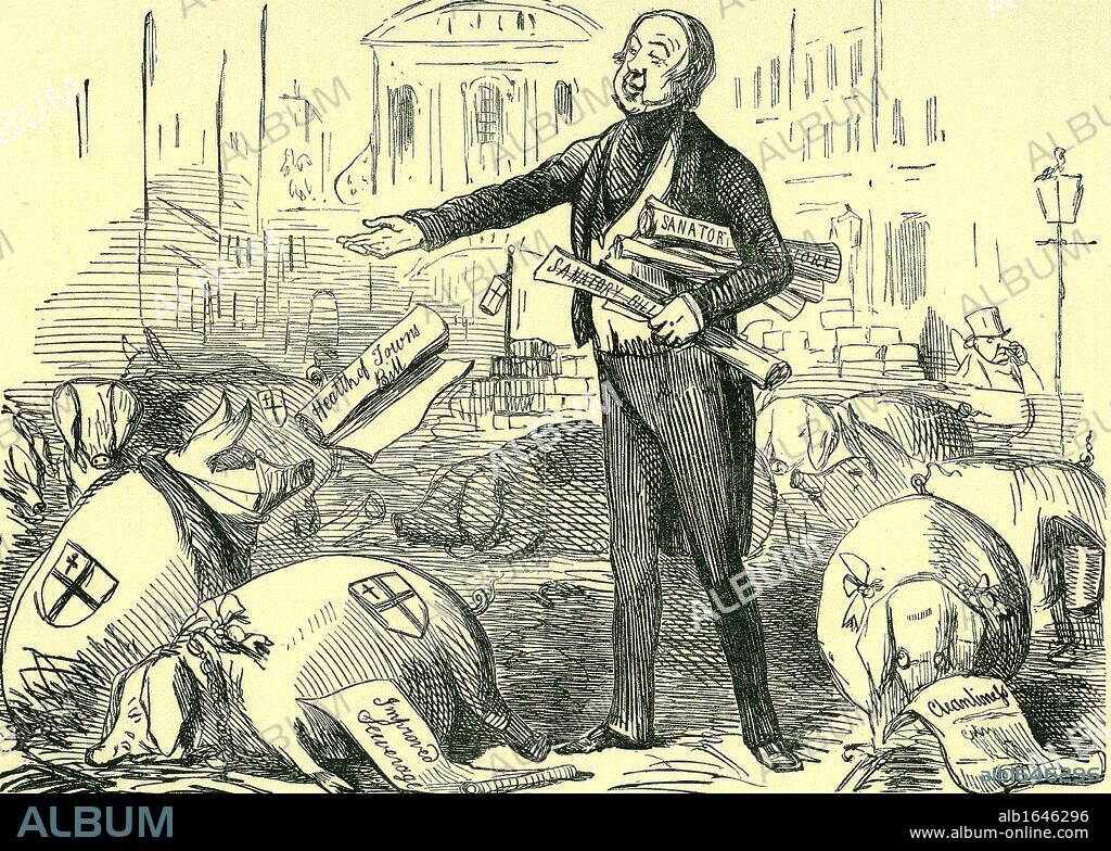 Public Health Act, 1848: The Home Secretary, Lord Morpeth, casting pearls (the provisions of the Act) before swine (the City of London Aldermen). Cartoon from "Punch", London, 1848.