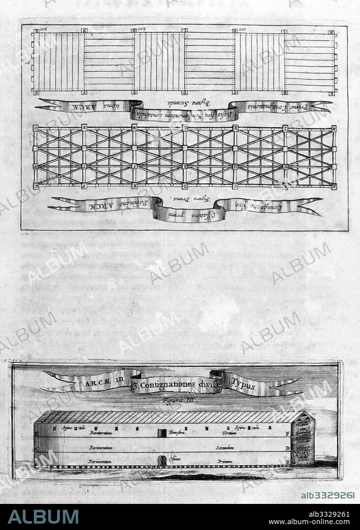 Arca Noe, (building the ark), by Athanasius Kircher (1602-1680). Published Amsterdam 1675. Athanasius Kircher, a Jesuit, was a polymath and Jesuit. The Arca Noe was based on strict Catholic orthodoxy. In it, he describes the condition of the world before and after the great Flood, lyrically relates the actions of Noah, and goes to great lengths to depict the Ark itself.