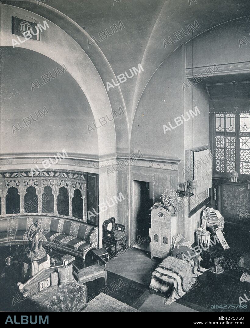 'The Studio from the Balcony', late 19th century. The exotic studio of Dutch-born British painter Sir Lawrence Alma-Tadema (1836-1912) which was used as settings for his paintings. The house in Grove End Road, St John's Wood in London, had previously belonged to another painter, James Tissot. From "Modern Art Monographs".