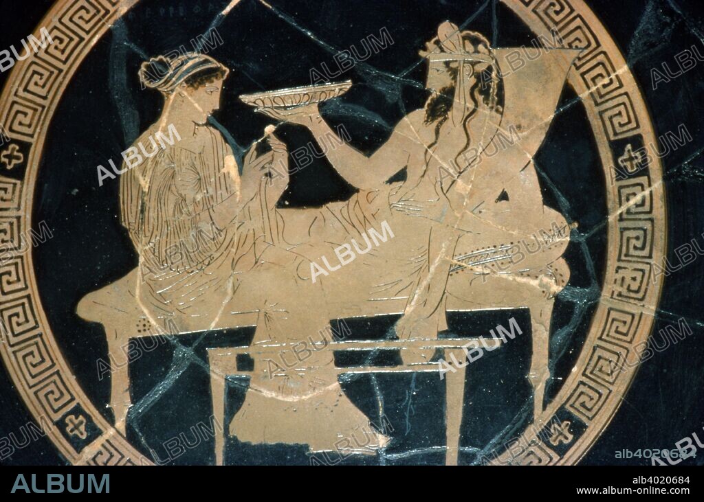 Greek Vase Painting, Persephone and Hades Banqueting in the Underwold, c430 BC. Attic red-figured Kylix by the 'Codrus Painter'. Held at British Museum.