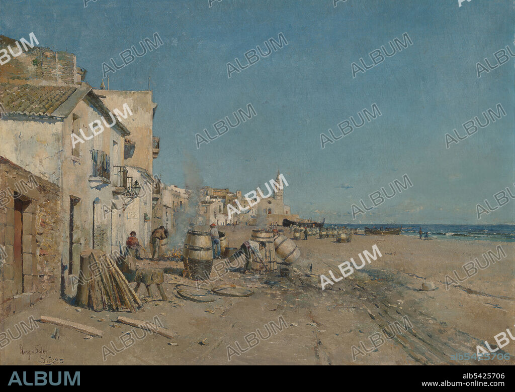JUAN ROIG Y SOLER. Sitges, 19th century. [Barrel makers on the beach in northern Spain].