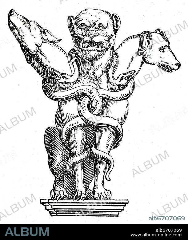 Kerberos, der Höllenhund, nach einer Bronzestatuette, Kerberos ist in der griechischen Mythologie der Höllenhund und Torhüter, der den Eingang zur Unterwelt bewacht, Zerberus, Monster, Ungeheuer, Fabelwesen, Gattung Illustration, Kerberos, der Höllenhund, nach einer Bronzestatuette, Kerberos ist in der griechischen Mythologie der Höllenhund und Torhüter, der den Eingang zur Unterwelt bewacht,.