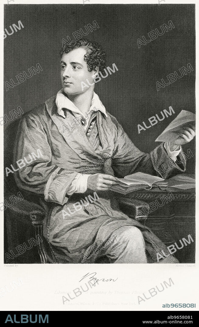 George Gordon Byron (1788-1824), Lord Byron, English Poet, Seated Portrait, Steel Engraving, Portrait Gallery of Eminent Men and Women of Europe and America by Evert A. Duyckinck, Published by Henry J. Johnson, Johnson, Wilson & Company, New York, 1873.