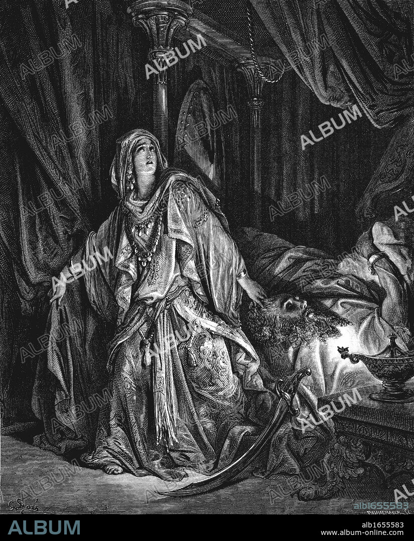 Judith, Jewish heroine, having gained confidence of the Assyrian general Holofernes, cuts off his head and saves the town of Bethulia from capture. Judith 13:10 from Gustave Dore's illustrated Bible 1866. Wood engraving.