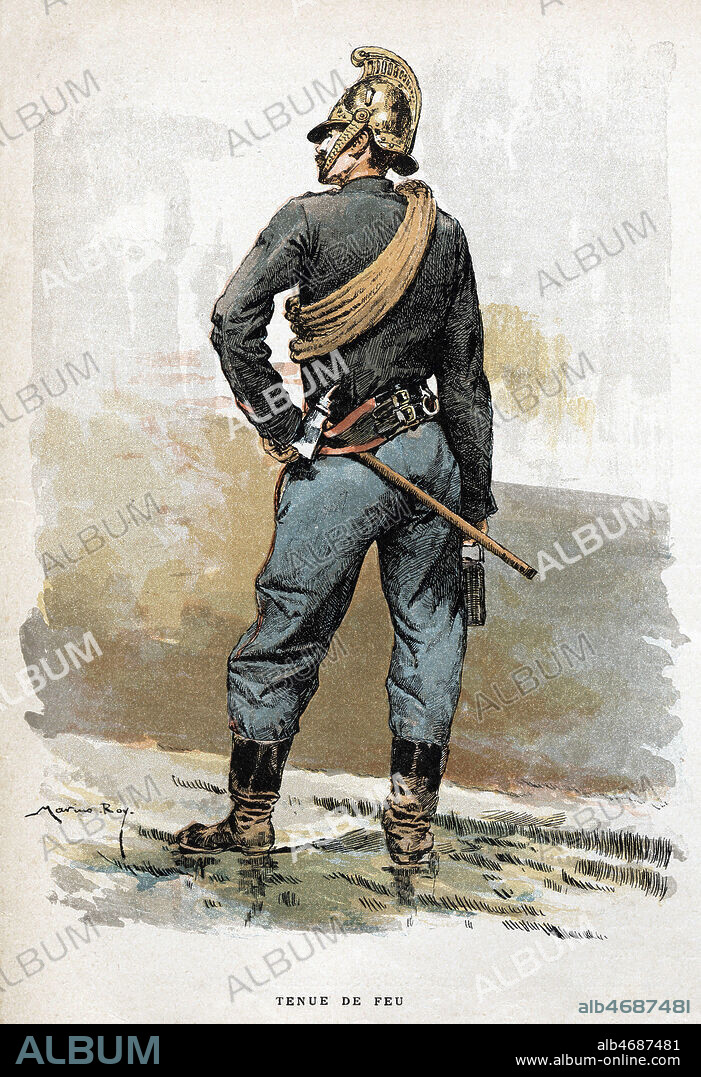 Tenue de feu. Illustration vers 1890 par Marius ROY pour Les sapeurs-pompiers par A.DALLY Credit : Coll. Jonas/KHARBINE-TAPABOR.