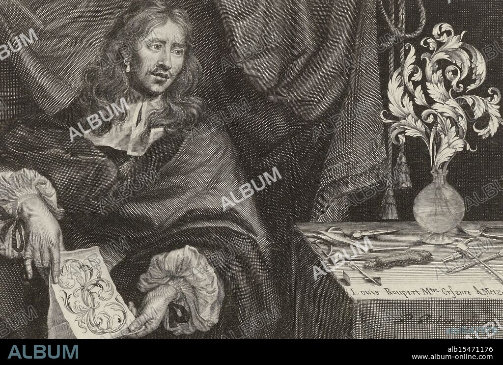 Mariette, Pierre (II), Roupert, Louis, Rabon, Pierre, Cossin, Ornaments for goldsmiths, Title print with the portrait of Louis Roupert, lower right on the tablecloth - engraved, Portrait of the gold and silversmith Louis Roupert, standing next to a table on which are the various tools of the gold and silversmith and a vase with leaf tendrils. Roupert wears an earring in his right ear and holds a design drawing with leaf tendrils in his hands. Behind him a drapery., print, ornamental print, portrait, title print, prints, verso - stamped, P. mariette 1680, verso - handwritten in brown ink, Louis Roupert Mtre Orfevre A Metz, lower right on tablecloth - engraved, P. Rabon pinxit, Ludovicus Cossius sculp., 1668, height 147 mm, width 210 mm, 1627 - 1686, print maker, printmaker, 1668 - 1668, paper, papier, engraving, engraving (printing process), French, 1619-10-18 - 1684-01-18, after, after painting by, Publication (Event), Publication, publisher, 1634 - 1716.