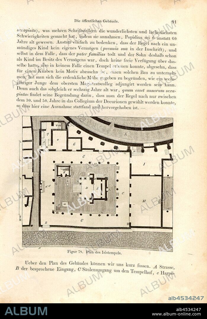 Map of Isistempels, Floor plan of the Temple of Isis in Pompeii, Fig. 78, p. 91, 1856, Johannes Overbeck: Pompeji in seinen Gebäuden, Alterthümern und Kunstwerken [...]. Leipzig: Verlag von Wilhelm Engelmann, 1856.