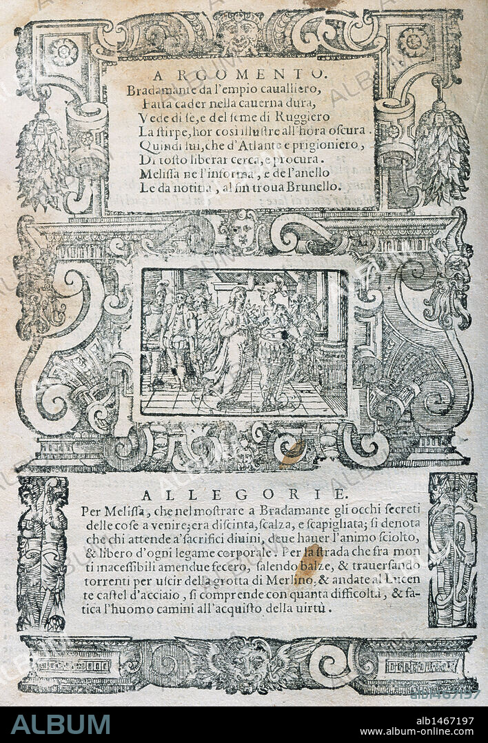 LITERATURA ITALIANA. SIGLOS XV-XVI. ARIOSTO, Ludovico (Ressio Emilia, 1474-Ferrara, 1533). Poeta italiano. "ORLANDO FURIOSO" (1516). Poema heróico-comico que consta de cuarenta y seis cantos en octavas. ARGUMENTO Y ALEGORIA DEL CANTO TERCERO. Edición de Venecia del año 1598.