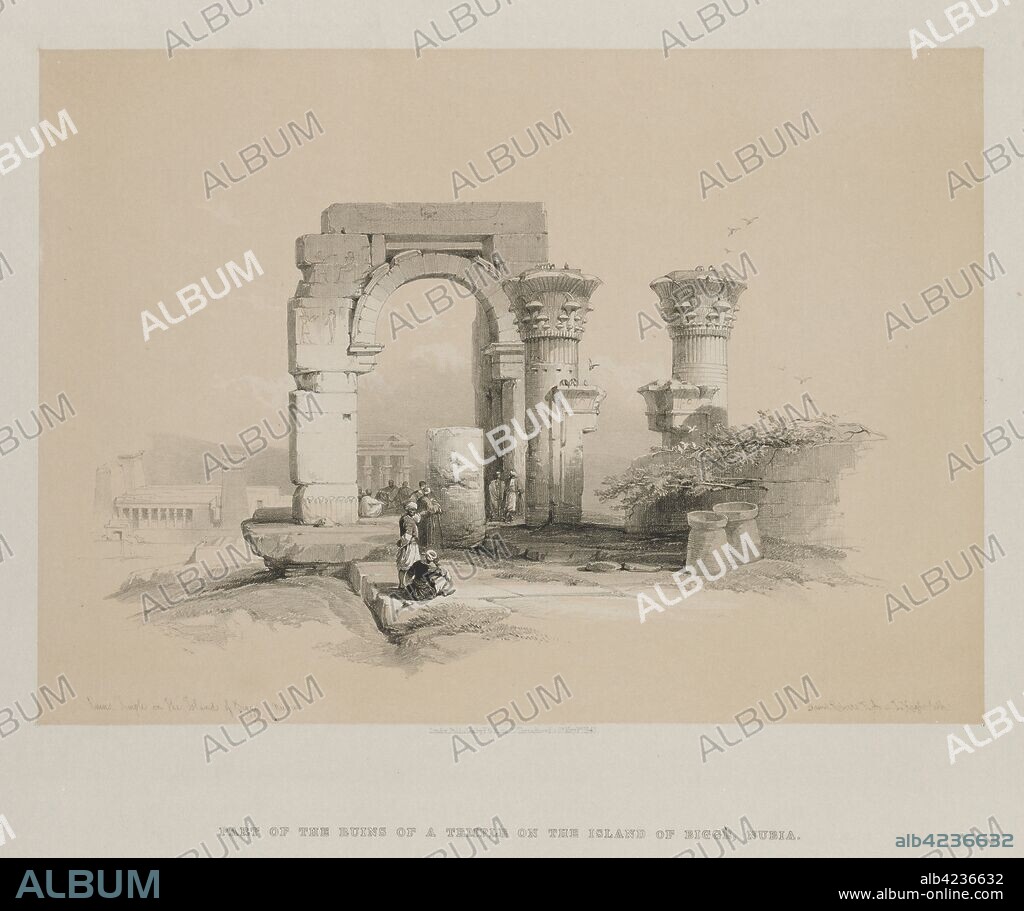 Egypt and Nubia, Volume II: Ruins - Temple on the Island of Biggeh, Nubia, 1847. Louis Haghe (British, 1806-1885), F.G.Moon, 20 Threadneedle Street, London, after David Roberts (British, 1796-1864). Color lithograph; sheet: 36 x 43.6 cm (14 3/16 x 17 3/16 in.); image: 25.2 x 35.7 cm (9 15/16 x 14 1/16 in.).