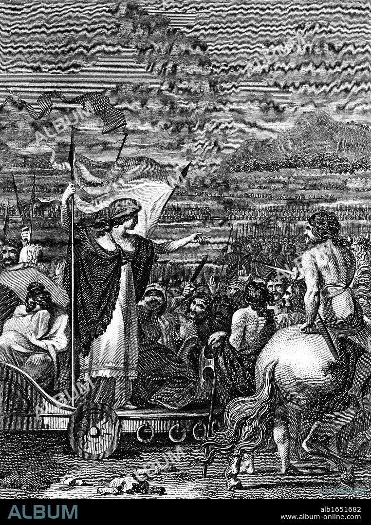 Boudicca (Boadicea) lst century British queen of Iceni, standing in her chariot with her weeping, dishonoured daughters raped by the Romans, haranguing her troops. Finally overwhelmed by Romans, Boudicca is said to have taken poison. Copperplate engraving 1824.