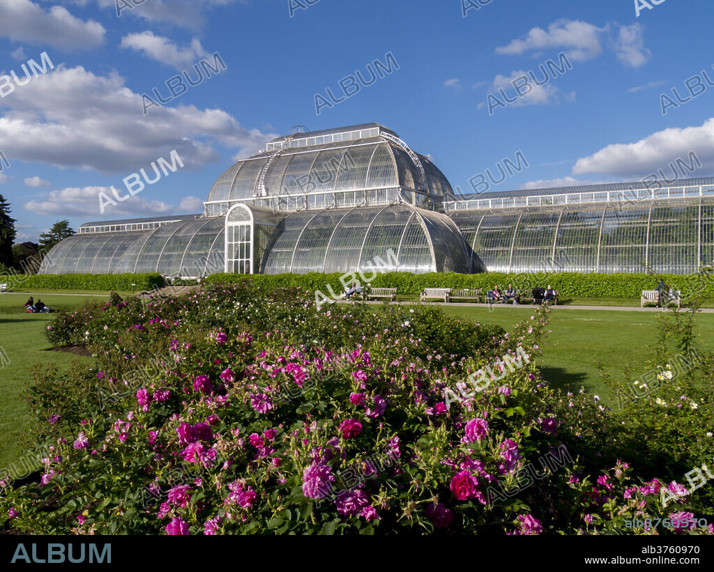 Palm House in Kew Gardens in summer, Royal Botanic Gardens, UNESCO World Heritage Site, Kew, Greater London, England, United Kingdom, Europe.