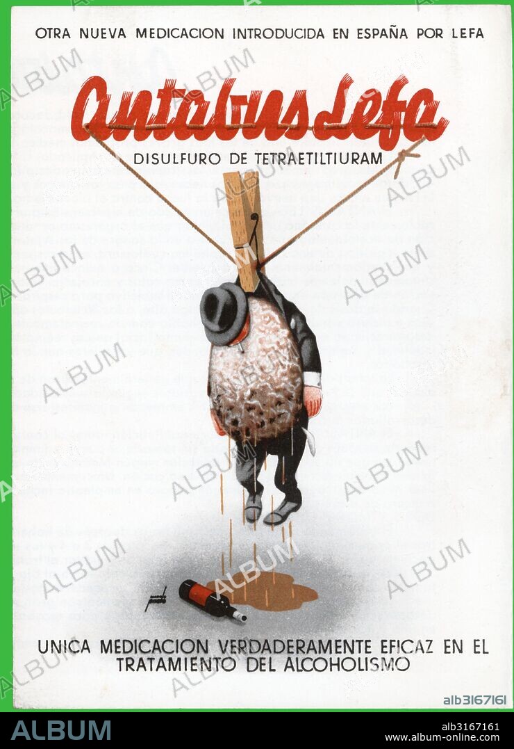 Publicidad farmacéutica. Antabus, medicación para el tratamiento del alcoholismo, de Laboratorios Lefa. Años 1950.