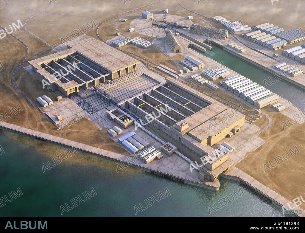 Lorient, Francia. Reconstrucción de la base de submarinos U-Boot alemanes construida durante la Segunda Guerra Mundial en los años 1943-44 que muestra las instalaciones Keroman I y II, y los dos Dom-bunkers en las instalaciones del puerto, antes de la construcción de Keroman III.