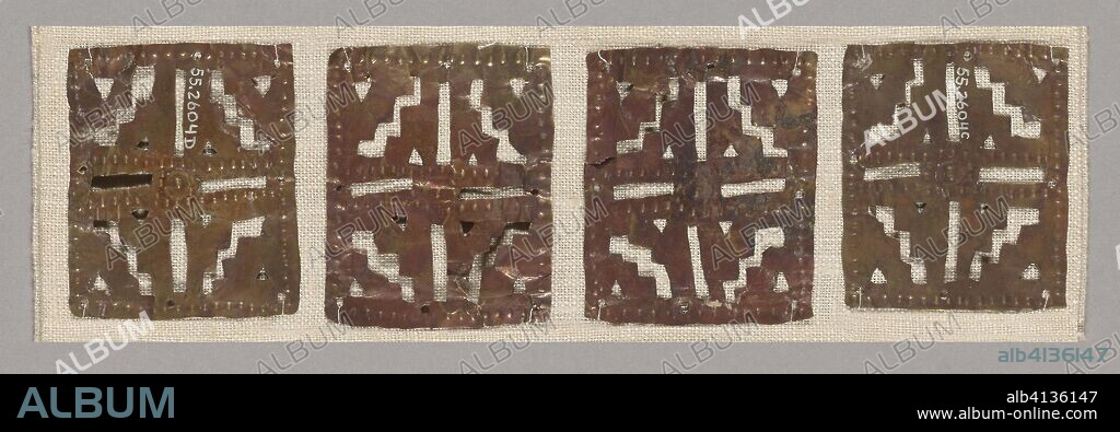 CHIMU. Rectangular Costume Ornaments with Geometric Motifs. Possibly Chimú or Inca; Costal or highlands, Peru. Date: 1000-1450. Dimensions: Approx. 3.8 x x 5.1 cm (1.5 x 2 in.) each. Gold. Origin: Peru.
