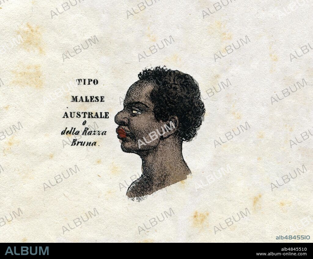 HUMAN RACES 'Malaysian type from the South African Breed'. Original caption drawn up according to the nineteenth-century concept of 'race', which although it remains in the common language is considered scientifically overcome in the late following century, and better defined by the term considered even more politically correct than 'ethnicity' or 'phenotype', depending on the context. Detail from table V, 'Overview of all the races of the globe and their style of dressing', from 'La Geografia at a glance', Lithograph Corbetta, Milan, 1853.