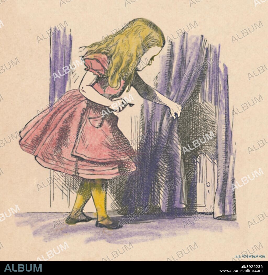 'Alice looking at a small door behind a curtain', 1889. Lewis Carroll's (1832-1898) 'Alice in Wonderland' as illustrated by John Tenniel (1820-1914). From Alice's Adventures in Wonderland by Lewis Carroll. [Macmillan & Co., New York, 1889].
