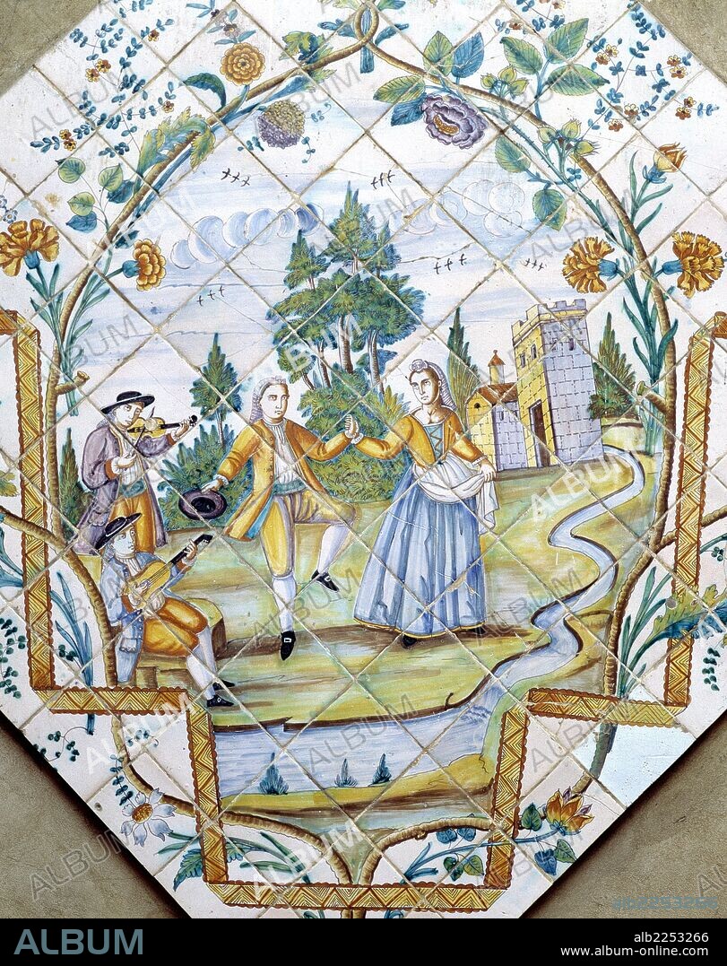 CERAMICA. CENTRO DE PAVIMENTOS DE AZULEJOS , MANISES. SIGLO XVIII. MUSEO NACIONAL DE CERAMICA. VALENCIA. MUSICA. BAILE.