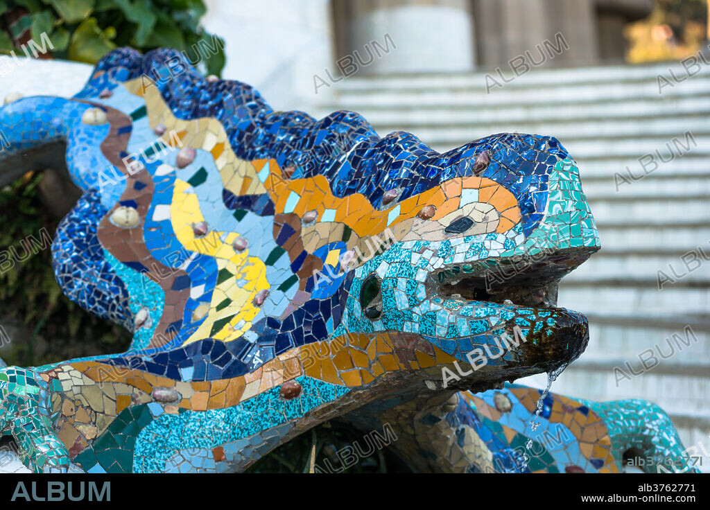 Gaudi's multicolored mosaic salamander, popularly known as el drac (the dragon), Park Guell, UNESCO World Heritage Site, Barcelona, Catalonia, Spain, Europe.