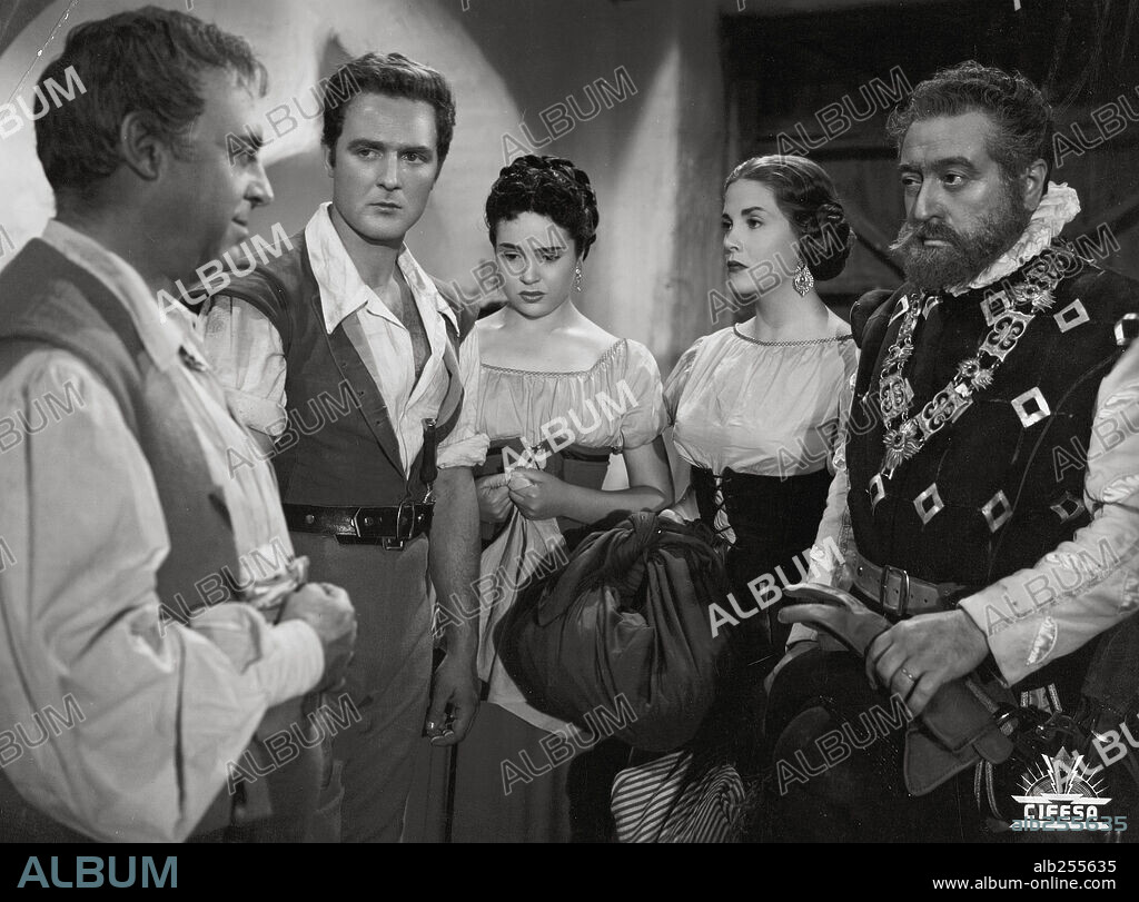 ISABEL DE POMES, MANUEL LUNA, MARIA FERNANDA D'OCON y MARIO BERRIATUA en ALCALDE DE ZALAMEA, 1954, dirigida por JOSE GUTIERREZ MAESSO. Copyright CINESOL, S.A.