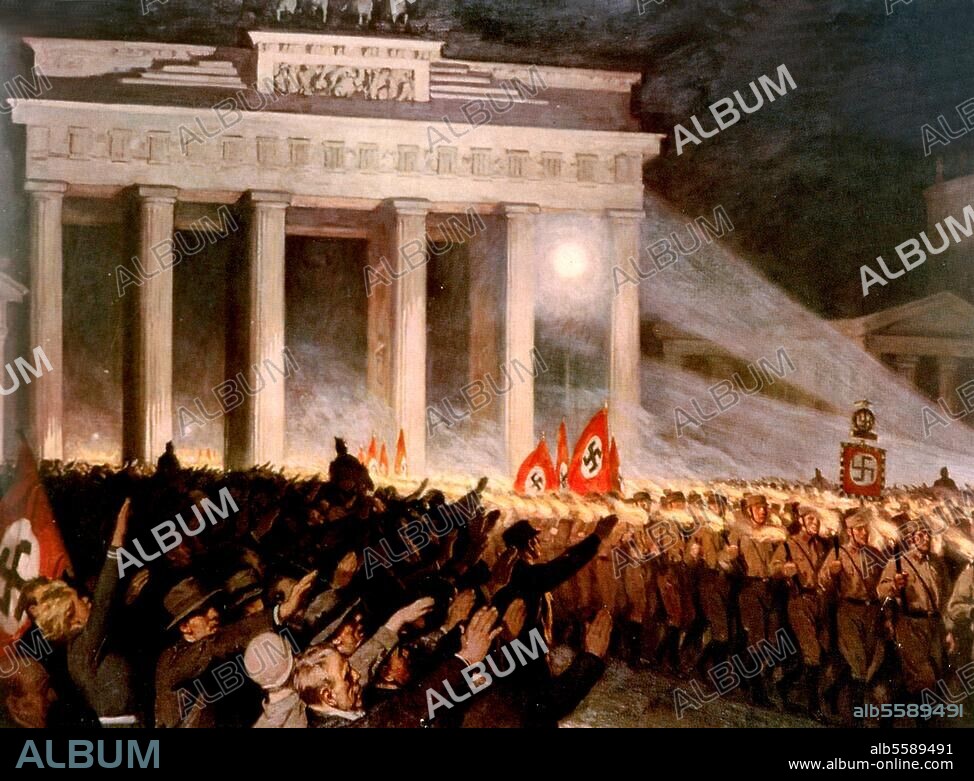 Hitler's appointment as Reich Chancellor. 30 January 1933. Torchlight procession of the NS organisations SA, SS & Stahlhelm along the Charlottenburg Chaussee, through the Brandenburg Gate to Wilhelmsstrasse to celebrate the 'seizure of power'. "The 30th January 1933". Painting, 1938, by Arthur Kampf (1864-1950).