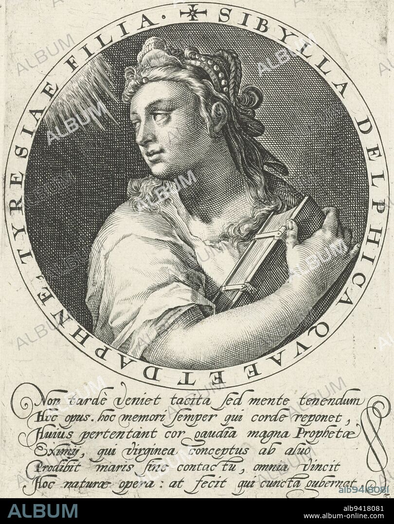 Bust of the Delfic Sibyl. In her right hand she holds a book. She looks back over her right shoulder. The scene is framed in a medallion with a border inscription in Latin. In the margin a six-line caption in Latin. Print from a series with the twelve sibyls, Delfische Sibille The twelve sibyls XII. Sibyllarum Icones Elegantissimi , print maker: Crispijn van de Passe (I), Cologne, 1601, paper, engraving, h 150 mm × w 114 mm.