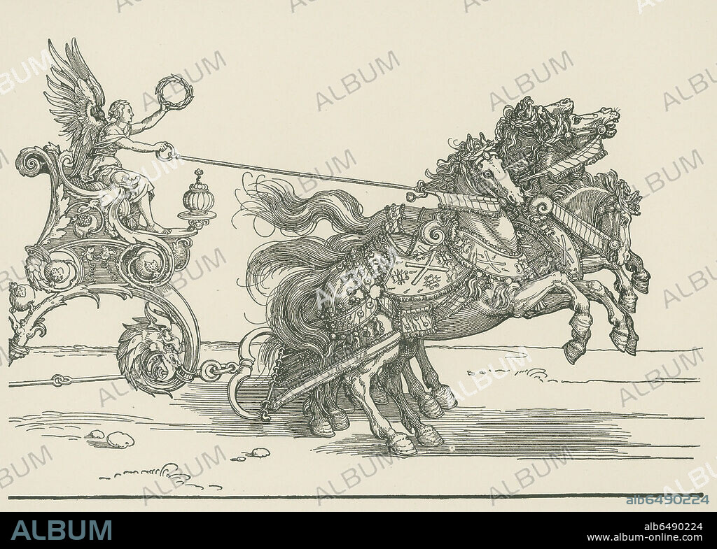ALBRECHT DÜRER. The Small Triumphal Car or The Burgundian Marriage. From the triumphal procession of Emperor Maximilian I. 1516-1518. Right block (in original size): Victory guiding the triumphal car. 
Woodcut (printed from two blocks) - right block, 921 x 382mm.