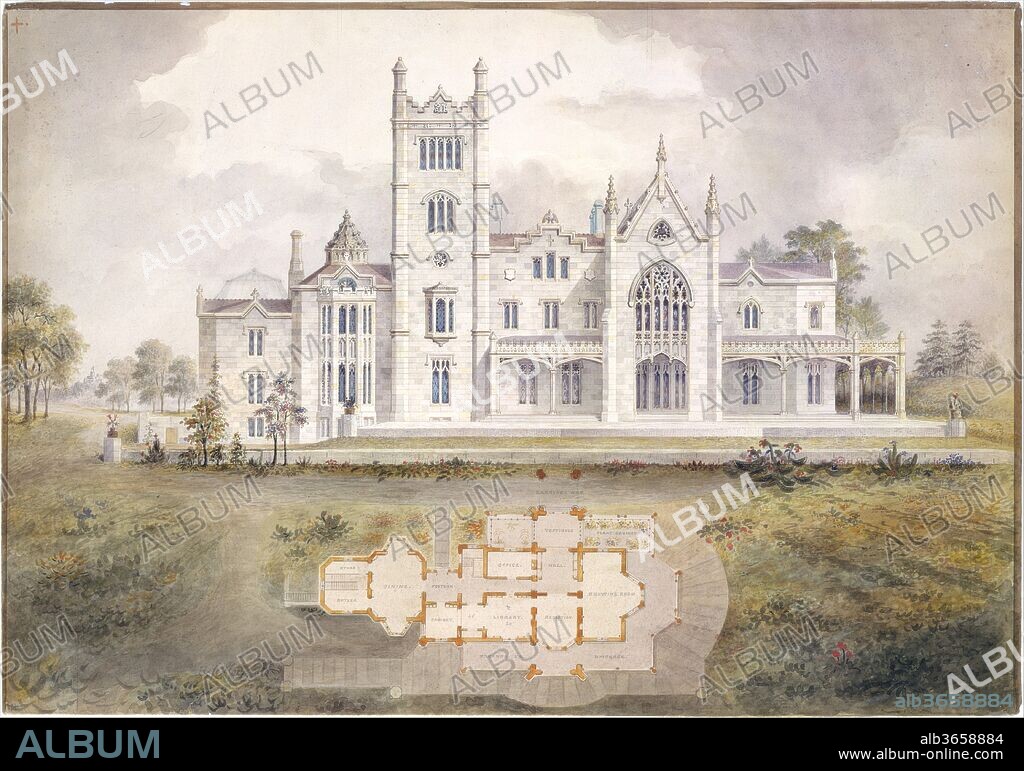 Lyndhurst for George Merritt, Tarrytown, New York (west [rear] elevation and plan). Artist: Alexander Jackson Davis (American, New York 1803-1892 West Orange, New Jersey). Dimensions: Sheet: 18 7/8 x 26 5/8 in. (47.9 x 67.6 cm). Date: 1865.
In 1864, Davis was commissioned by George Merritt to enlarge Knoll, the house he had built for the Paulding family between 1838 and 1842. In essence, he created a new house, the greatest house in the late Gothic Revival style still standing. Dramatically massed, it sits majestically upon a knoll, surrounded by many acres of Downingesque landscape, one of the few reminders of the glory of the preindustrial Hudson River valley. Lyndhurst is now owned by the National Trust for Historic Preservation and is open to the public.