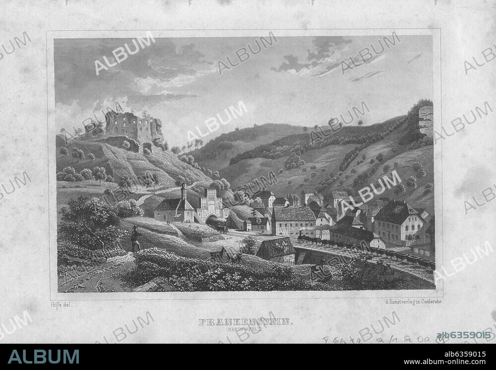 Frankenstein (Pfalz); Gesamtansicht.-Blick auf das Dorf mit der Ruine der Burg Frankenstein und der neuen Eisenbahnstrecke Kaiserslautern-Frankenstein. Stahlstich nach Richard Höfle, um 1850.