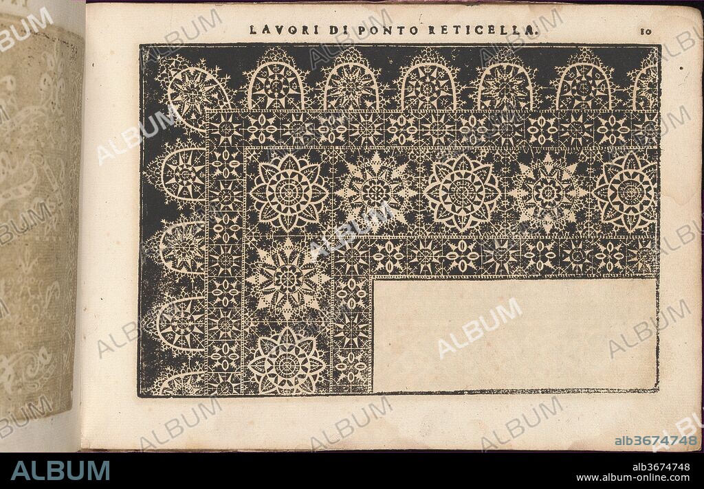Teatro delle Nobili et Virtuose Donne..., page 6 (recto). Author: Isabella Catanea Parasole (Italian, ca. 1565/70-ca. 1625). Dimensions: Overall: 7 1/2 x 10 7/16 in. (19 x 26.5 cm). Publisher: Mauritio Bona , Rome. Date: 1616.
Written by Isabella Catanea Parasole, Italian, ca. 1575-ca. 1625, published by Mauritio Bona, Rome. 
From top to bottom, and left to right:
Design composed of 4 horizontal registers that form a corner. Top register is decorated with rounded triangular motifs that are each ornamented with a flower in the center. Second register is decorated with squares that are ornamented with an alternating pattern of 8- and 4-petaled flowers. Third register is decorated with an alternating pattern of 2 different types of flowers formed by circles and triangles. Fourth register is decorated with the same pattern as that of the second register.