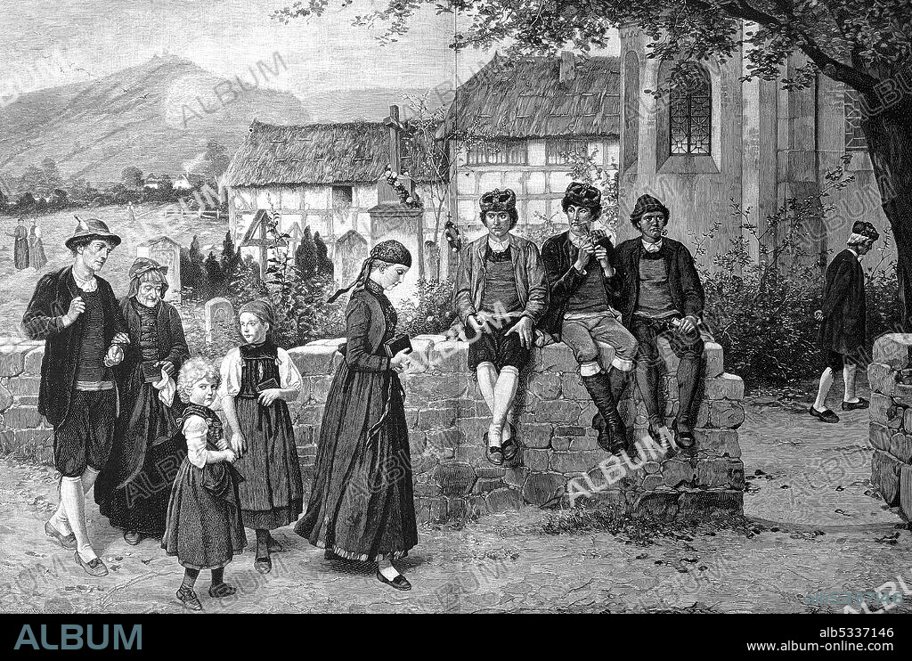 Going to church, family on the way to church, after a painting by Hubert Salentin, 1880  /  Kirchgang, Familie auf dem Weg in die Kirche, nach einem Gemälde von Hubert Salentin, 1880, Historisch, historical, digital improved reproduction of an original from the 19th century / digitale Reproduktion einer Originalvorlage aus dem 19. Jahrhundert,.