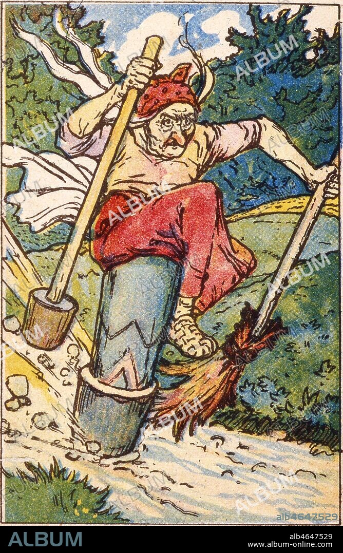 Baba Yaga la sorciere des contes russes , chevauchant son mortier avance a l'aide du pilon et se sert de son balai pour effacer ses traces . Image publicitaire sans date, Tchecoslovaquie, debut 20e s.. Credit Collection Kharbine Tapabor.