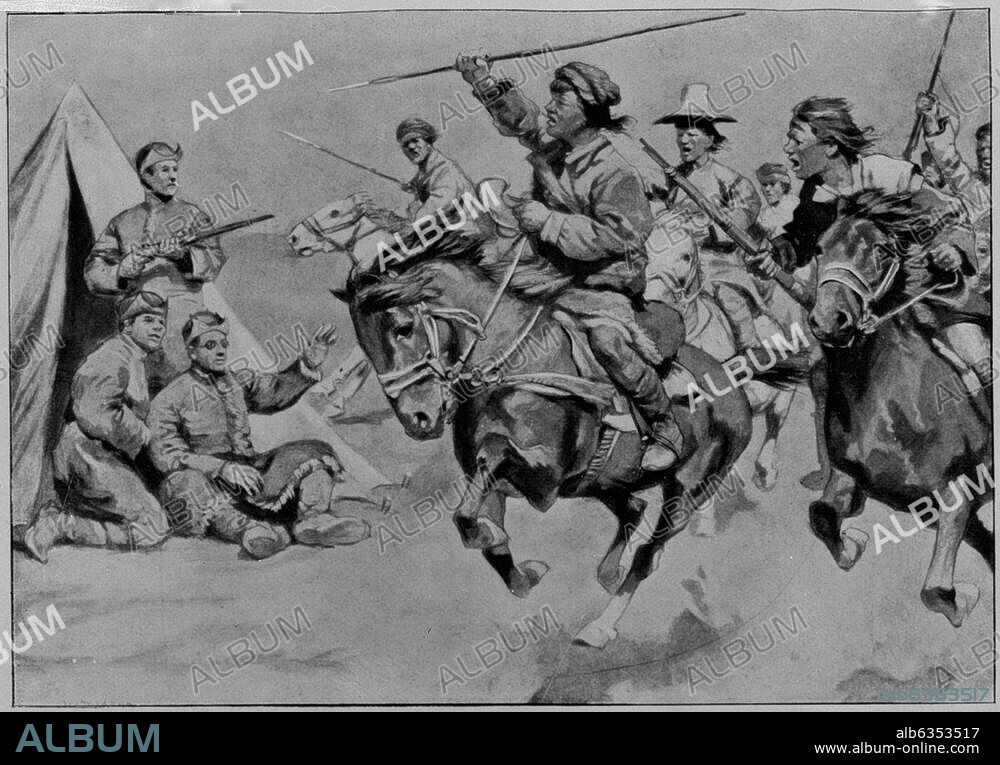 Hedin, Sven; schwed. Asienforscher. 1865-1952. Zweite Zentralasiatische Expedition 1899-1902: "Die Tibeter schwangen (..) Lanzen und Schwerter". Druck nach Zeichnung von David Ljungdahl (1870-1940). Aus: Sven Hedin, Abenteuer in Tibet, 7. Aufl. Leipzig (F. A.Brockhaus) 1912, nach S. 334. t.