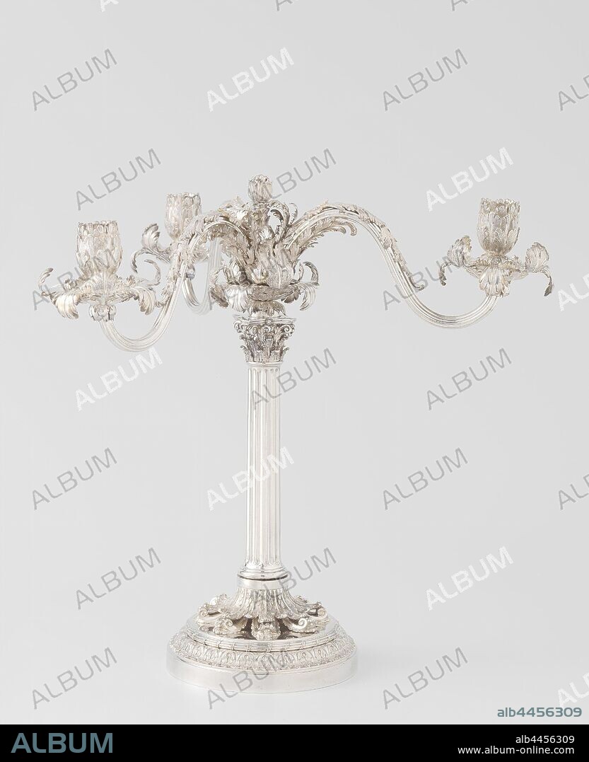 Pair of candelabra Candelabrum with three arms, decorated with acanthus leaves Pair of candelabra, The candelabra consist of a candlestick, round in cross-section, and an attachment with three arms. The foot rests on the straight-walled base. An ojive profile adorned with acanthus leaves and above it a sphere profile adorned with fasces surrounded by a flat plate, on which eight volumes adorned with acanthus leaves are arranged radially. They wear a hollowly curved rosette made of acanthus leaves, which is crowned by a smooth band. The columnar trunk rises above it, with a convex arched base, a fluted shaft and a Corinthian capital, which serves as a candleholder. The top piece, which consists of three S-shaped, fluted arms, fits from a core made up of different leaf wreaths with a crown in the shape of the heart of the acanthus plant. Leaf leaves also swing from this core, bending along the top and bottom of the first part of the arms. The arms each end again in superimposed wreaths of acanthus leaves, above which the candle holder made up of the same leaves rises. A few leaves of the various leaf wreaths have been renewed. A B and G are engraved on the underside of the bottom of A, a C on the underside of the bottom of B, acanthus, ornament, column, pillar, architecture, Johannes Schiotling, Amsterdam, 1772, silver (metal), h 35.5 cm × d 37.5 cm d 13.7 cm w 2324 gr.