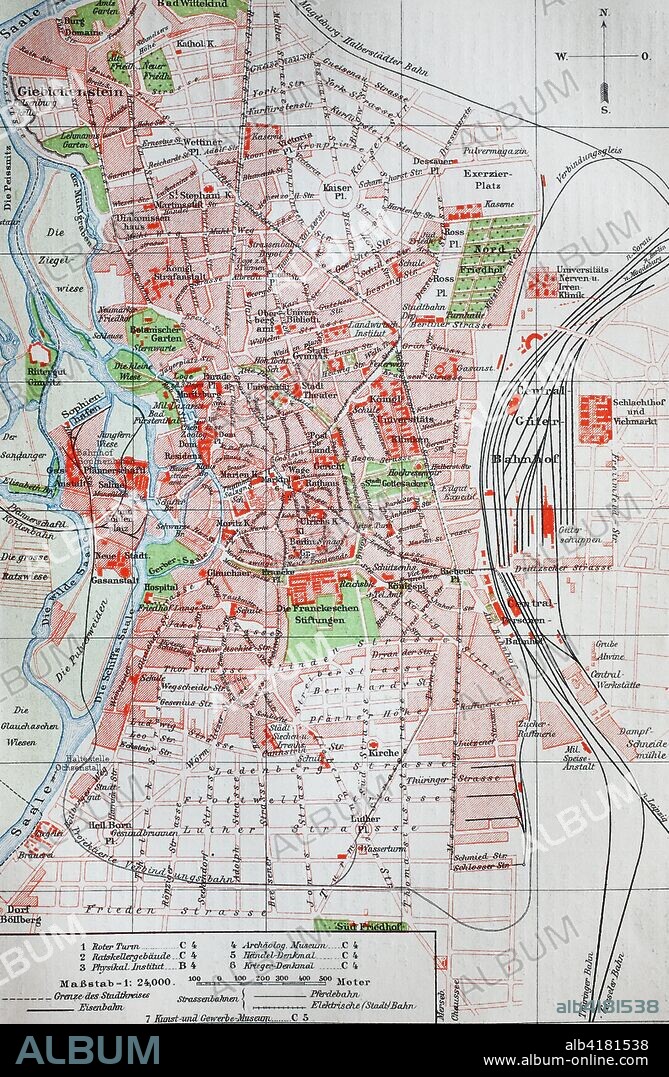 city map from the year 1892: Halle an der Saale, Germany, digital improved reproduction of an original print from the year 1895.