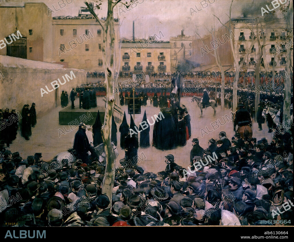 RAMON CASAS Y CARBO. GARROTE VIL - 1894 - EJECUCION PUBLICA EN LA EPOCA DE LA RESTAURACION MONARQUICA - O/L - 127x166,2 - INV 11.076.
