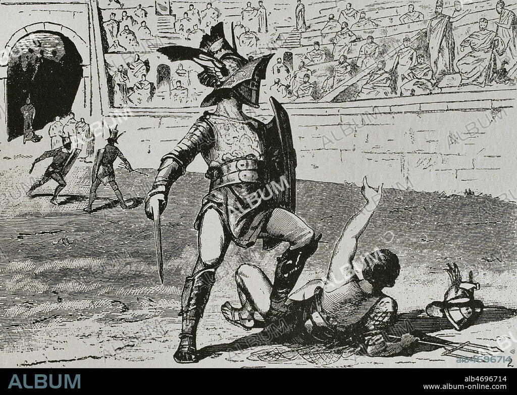 Combate de gladiadores. Grabado. La ilustración. Revista hispano-americana, 1884.