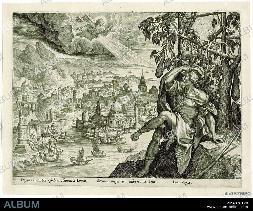 Hieronymus Wierix, Jonah Seated under a Bower, The Story of Jonah, pl. 4, after Marten de Vos, n.d., engraving on cream laid paper, 8 1/4 in. x 10 13/16 in. (20.96 cm x 27.46 cm).