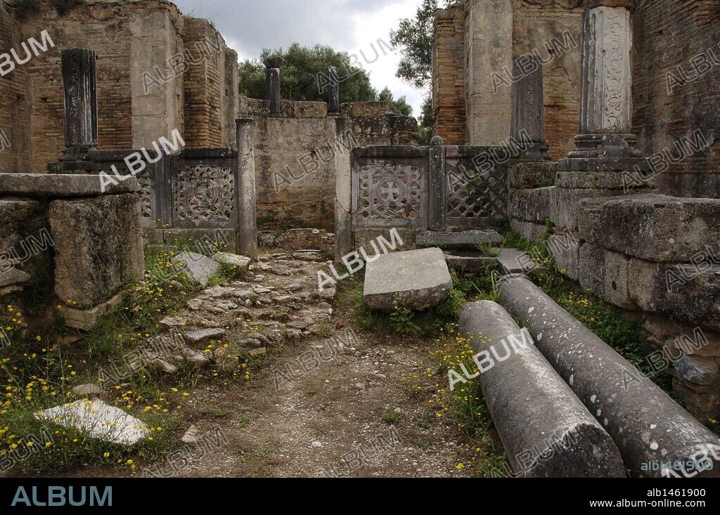 Greek Art. Phidias Workshop ruins, built in 430 BC to house the statue of Zeus. In the fifth century, Theodosius II turned the building into an early Christian church. Olympia. Greece.