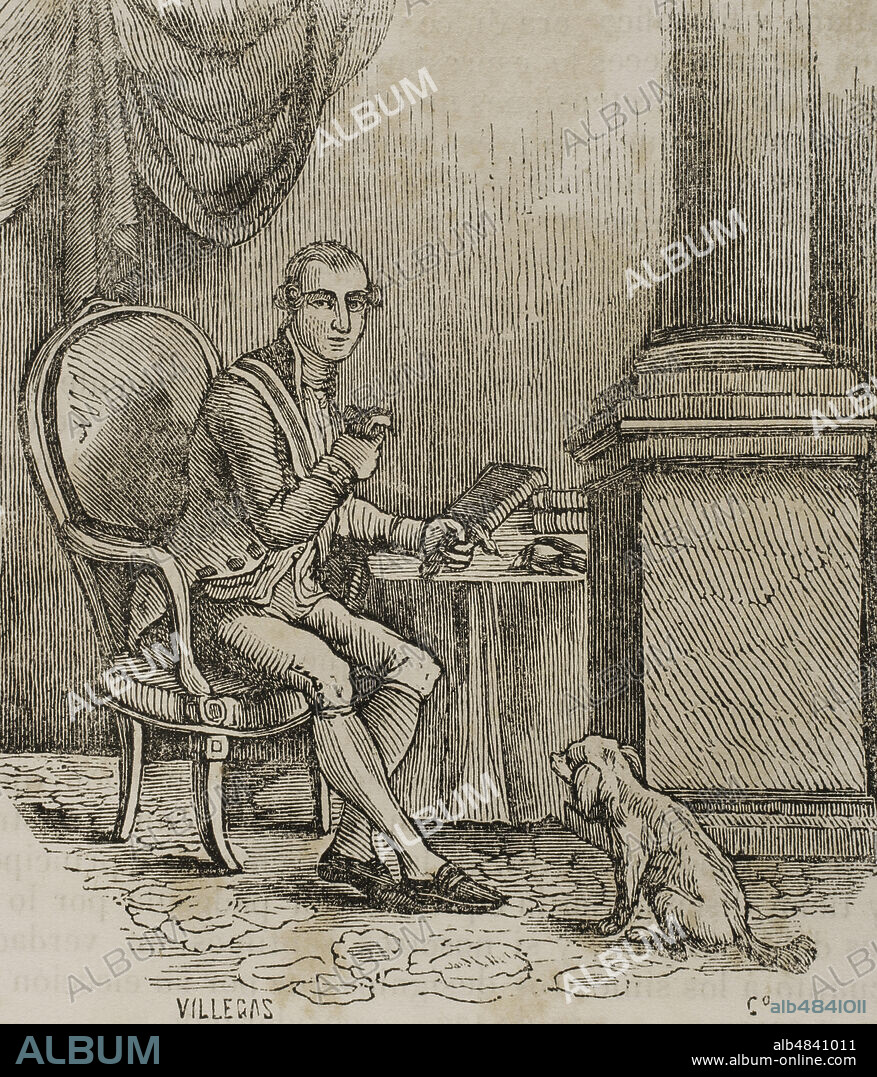 Fernando VII de España, llamado el"Deseado" (1784-1833). Rey de España. El príncipe de Asturias Fernando dando muerte a los pajaritos. Las habladurías decían que de niño mataba pájaros por puro placer. Grabado por Villegas. Historia del Levantamiento, Guerra y Revolución de España, por el Conde de Toreno. Madrid,1851.