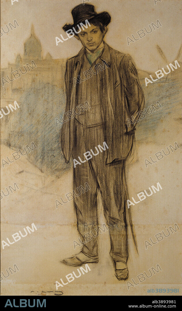 RAMON CASAS I CARBÓ. Portrait of Pablo Picasso. Date/Period: Ca. 1900. Drawing. Charcoal and pastel on paper. Height: 690 mm (27.16 in); Width: 445 mm (17.51 in).