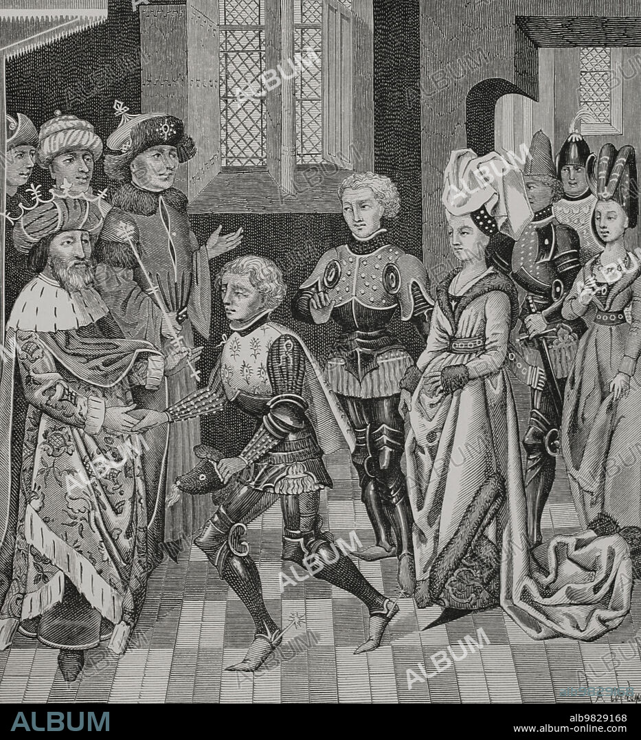 Walter el Indigente (?-m. 1096). Fue uno de los líderes que encabezó la "Cruzada de los Pobres", reaccionando así al llamamiento del papa Urbano II en 1095 a la nobleza europea para la conquista de Tierra Santa. El rey de Hungría, Colomán I (1070-1116), recibiendo a Walter el Indigente, al que permitiría atravesar el reino de Hungría con la expedición de cruzados. Grabado a partir de una Miniatura de "Histoire des Empereurs", siglo XV. "Vie Militaire et Religieuse au Moyen Age et à l'Epoque de la Renaissance". París, 1877.