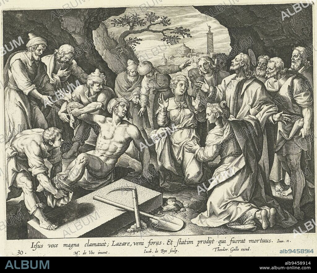 Lazarus, newly alive from his tomb, is detached from the burial cloths by his family. Martha and Mary Magdalene kneel before Christ to thank him (John 11: 1-44). The print has a Latin caption. The print is part of a series on the life of Christ, Raising of Lazarus Vita, passio et Resvrrectio Iesv Christi (series title) Life, passion and resurrection of Christ (series title), print maker: Jacques de Bie, (mentioned on object), Maerten de Vos, (mentioned on object), publisher: Theodoor Galle, (mentioned on object), Antwerp, 1598 - 1618, paper, engraving, h 183 mm × w 218 mm.