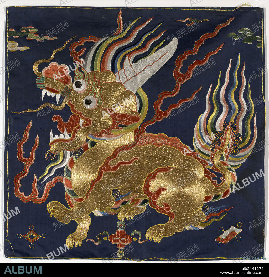 Rank Badge with Xiezhai for Censorate Official, 17th century, Navy silk satin weave with couched gold and multicolor silk embroidery, 14 1/2 × 15 in. (36.8 × 38.1 cm), China, Chinese, Ming dynasty (13681644), Textiles.