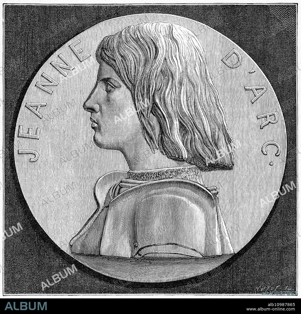 This bronze medallion by 19th-century French sculptor Michel Henri Chapu shows the bust of the French heroine Joan of Arc (1412?-1431). It is part of the decoration within the church of Saint Aspais in Melun, France.