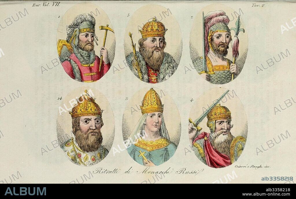 LUIGI GIARRè. 1. Rurik 2. Igor of Kiev 3. Olga 4. Sviatoslav 5. Vladimir the Great 14. Ivan IV (from "Il costume antico…" by Giulio Ferrario).