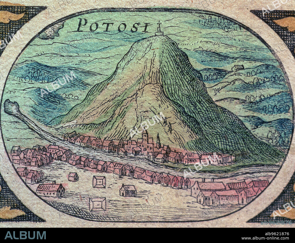 View of the city of Potosí with its famous hill, engraving in 'Nouvel Atlas', 1643.